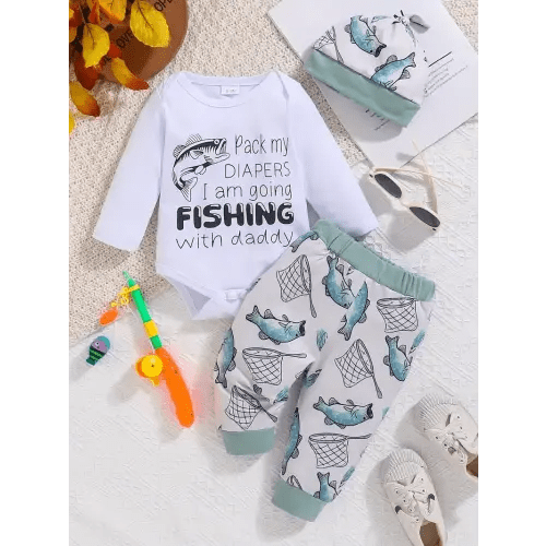 baby's fishing pattern bodysuit hat casual pants toddler - Temu