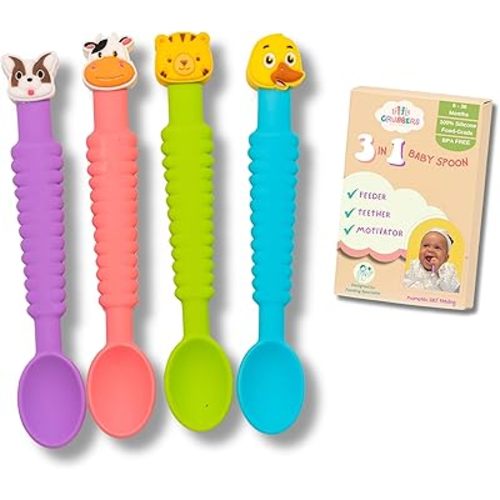 3-in-1 Silicone Baby Spoon Self Feeding 6+ Months - Pediatric OT Designed Teether Spoon, BPA Free Toddler Utensils, Mess-Free, Fun for Baby Led Weaning Supplies, Complete Set