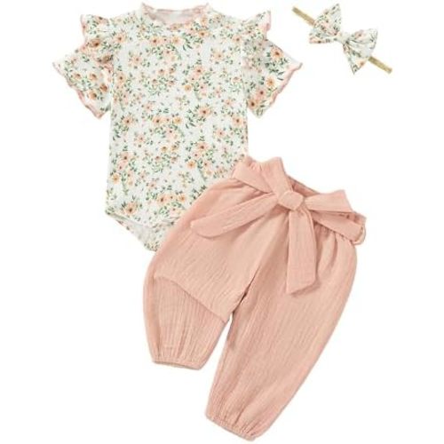 SUNNY PIGGY Newborn Infant Baby Girl Clothes Outfits Ruffle Romper Floral 4Pcs Pants Sets Toddler Girls Clothing Set