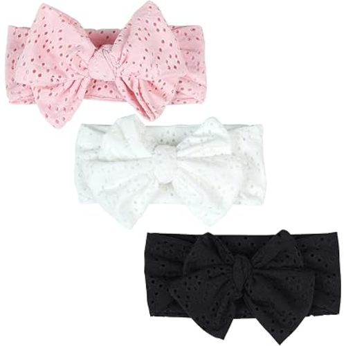 3 Pack 5.3''Baby Girl Floral Embroidery Eyelet Bow Headbands Newborn Hairband Baby Turban Knotted Headwrap for Toddler Hair Accessories.(FD90) (ZH B)