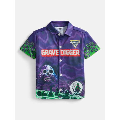 Monster Jam Grave Digger Toddler Boys Button Shirt with Short Sleeves, Sizes 12M-5T