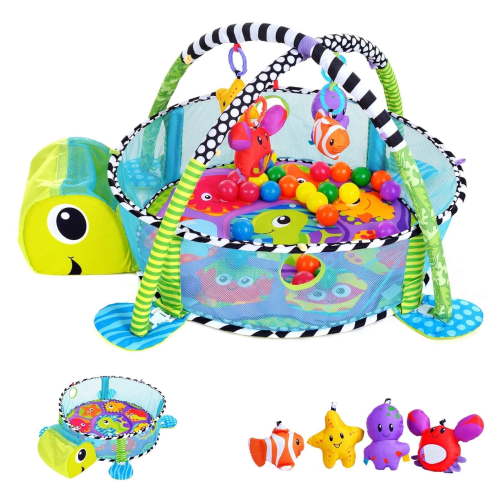 YoYFUN 3-in-1 Baby Play Gym, Tummy Time Play Mat with Detachable Arch, 4 Toys, Protective Mesh, Green Turtle