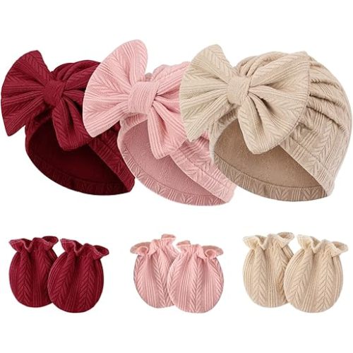 Newborn Baby Hats and Mittens Set Infant Bow Beanie Cap Toddler Gloves Newborn Hospital Hats for Baby Boy Girl Kid 0-6 Months