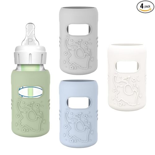 KingKam 4 Pack Silicone Sleeves for Dr. Brown's Glass Baby Bottles, Anti Breakage Baby Bottle Sleeves Holder, Compatible with Dr. Brown's Newborn Narrow Glass Baby Bottles 4oz
