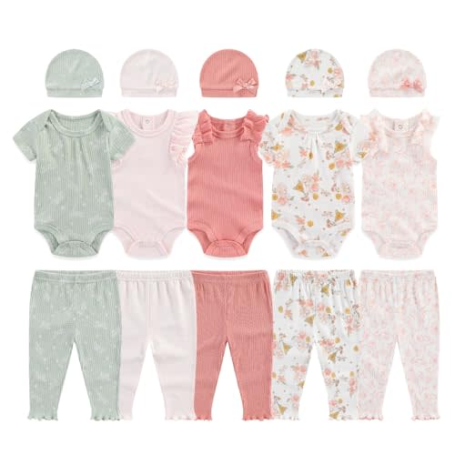 BABYSOLIS 0-12 Months Unisex Baby Pants Sets New born Bodysuit and Hats 15 Pack Boy Girl Infant Comfort Outfit Clothes