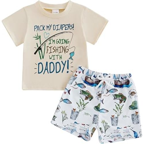 Fernvia Toddler Baby Boy Summer Clothes Short Sleeves Letters Fishing T Shirt Tops & Shorts Set 2 Piece Outfit