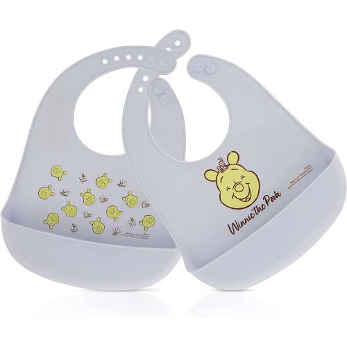 Disney 2-Pack Unisex Baby & Toddler Silicone Bibs with Food Catcher, Soft Waterproof Feeding Accessories Blue/Grey