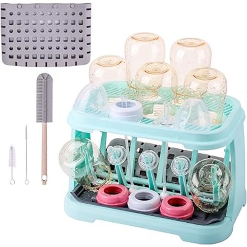 Baby Bottle Drying Rack with Brush & Dishwasher Basket - Space Saving Standing Drying Rack for Baby Bottles, Pump Parts & Accessories, Compact Organizer Holds Up to 8 Bottles (Blue)