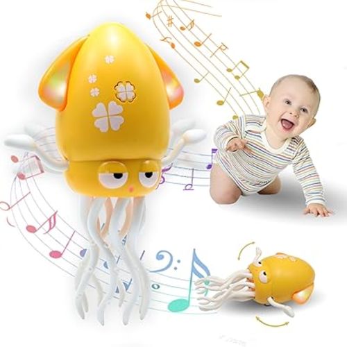 Pbooo Magic Dancing Octopus Toy, Electric Crawling with LED Lights and Music, Rechargeable Music Squid Baby Toy for 1-6 Year Olds, Tummy Time and Toddler Walking Toy, Birthday Gift, Yellow
