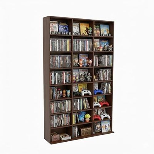 8-Tier Media Storage Cabinet, Tall Wooden CD DVD Rack Organizer, Freestanding Media Display Shelf Tower for Video Games, Movies, Books and Collectibles, 40" x 64", Rustic Brown Finish