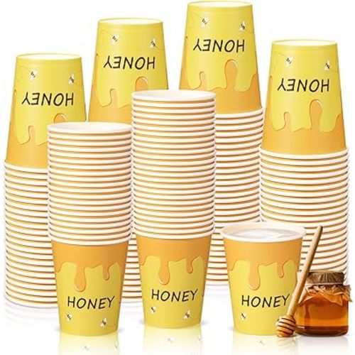 TecUnite 100 Pcs 9oz Honey Cups Disposable Paper Yellow Cups for Honey Lemon Stand Decorative Party for Cold Hot Beverage Juice Kitchen Coffee Birthday Party Supplies