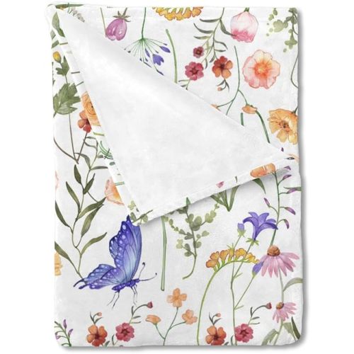 Spring Wildflower Butterflies Baby Blanket for Boy Girl - Watercolor Floral Summer Flannel Soft Swaddle - Vintage Botanical Receiving Blanket for Stroller, Crib, Newborn, Toddler Bed 30x40