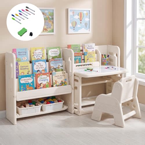 Costzon Toddler Table and Chair Set, Art Drawing Desk with Bookshelves | Tiltable Kids Table Set w/ Whiteboard, Book Racks and Storage Boxes for Playroom Writing, Painting, Reading & Playing