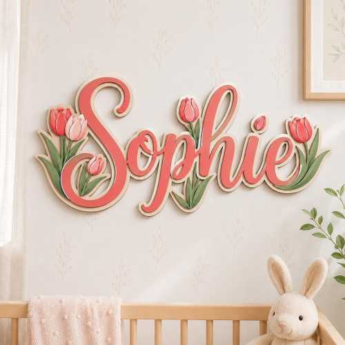 Personalized Tulip Nursery Name Sign, Custom Floral Baby Name Sign, Pink Wood Wall Decor, Baby Girl Room Gift