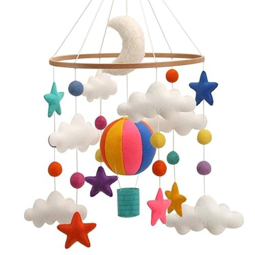 Hot Air Balloon Mobile for Crib - A Gender Neutral Baby Mobile with Clouds and Stars in high Contrast Colors to Work with hot air Balloon Nursery Decor