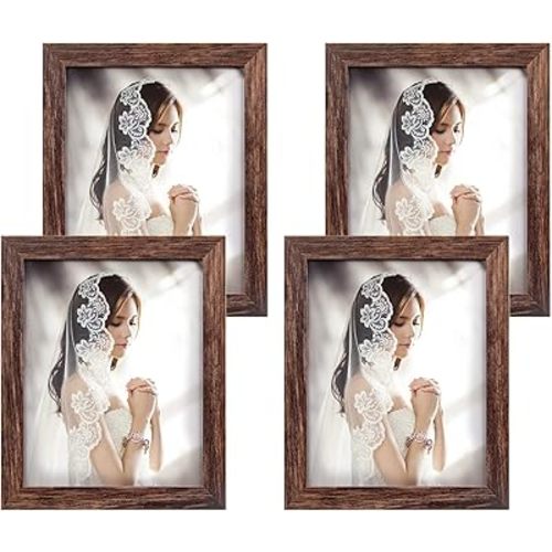 Q.Hou 8x10 Picture Frame Wood Patten Rustic Brown Photo Frames Packs 4 with High Difinition Plexiglass for Tabletop or Wall Decor (QH-PF8X10-BR)