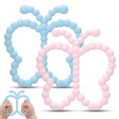 2 Pcs Baby Teething Toys Silicone Butterfly Teething Rings Over 3 Months - Baby Essentials Sensory Chew Toys -Baby Teether for Teething Relief -BPA Free Infant Toys Baby Shower Gifts (2, Pink,Blue)