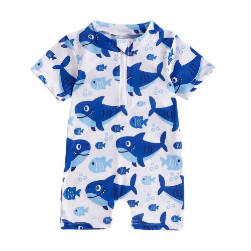 Toddler Baby Boy Summer Shark Swimwear One Piece Swimsuit Short Sleeve Romper Rash Guard Bathing Suit Beachwear,3-6 Months,Blue