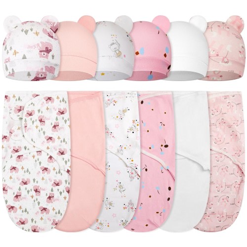 Ramede 6 Pack Baby Swaddle Blanket with Hats Sleep Swaddle for 0-3 Months