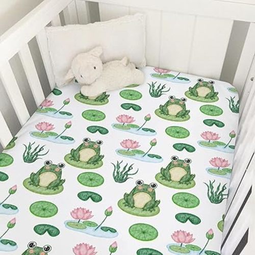 Funny Frogs Flower Leaves Pond Baby Crib Sheets 52''x28'' Water Lilies Lake Stretchy Fitted Crib Mattress Covers for Boy Girl Animal Soft Nursery Bed Sheets for Standard Crib and Toddler Mattresses