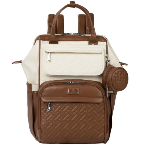 BabbleRoo Widetop Waterproof Diaper Backpack with Insulated Bottle Pockets, Vegan leather- Coffee Cream