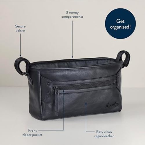 Itzy Ritzy Adjustable Stroller Caddy and Organizer Bag Featuring Front Zippered Pocket, 2 Built-In Interior Pockets & Adjustable Straps to Fit Nearly Any Stroller (Black)