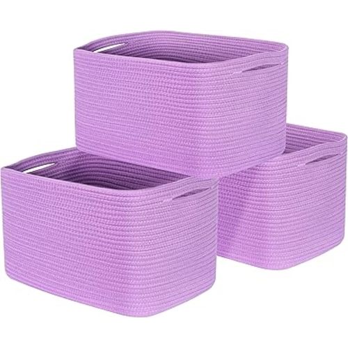 MINTWOOD Design 3-Pack Storage Baskets for Shelves, Decorative Baskets for Organizing, Woven Baskets for Storage, Book Basket Cube Storage Bin Box, Pantry Closet and Shoe Organizers, Lilac Purple
