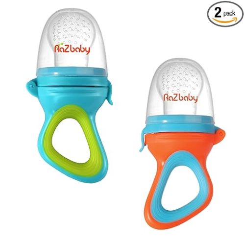 RaZbaby Baby Solids/Frozen Fruit Feeder Pacifier, Infant Teether Toy 6M+, BPA-Free, Safely Introduce Solids, Natural Teething Relief, Dishwasher Safe, Freezable – Blue & Orange 2-Pack