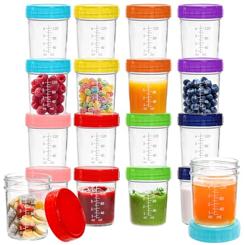 16 Pack Glass Baby Food Storage Jars, 6 Ounce Small Baby Food Storage Containers with Plastic Lids and Scale for Baby Meal Prep, Jam, Snack, Fruits, Microwave Dishwasher Safe