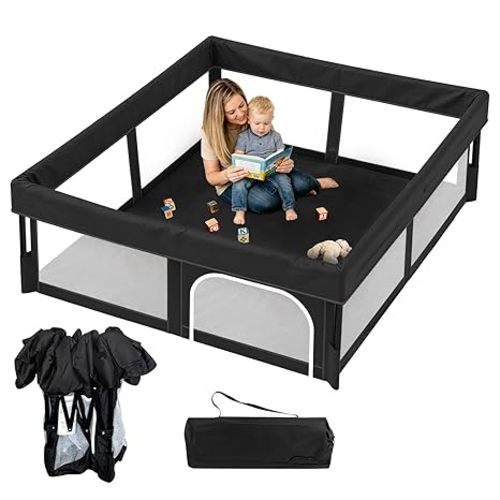 Foldable Baby Playpen, 63"×63" Play Yard for Toddlers, Portable & Collapsible Playpen with Gate, ASTM & CPSC Certified, Skin-Friendly & Breathable Mesh, Ideal for Indoor & Outdoor Use with Bag