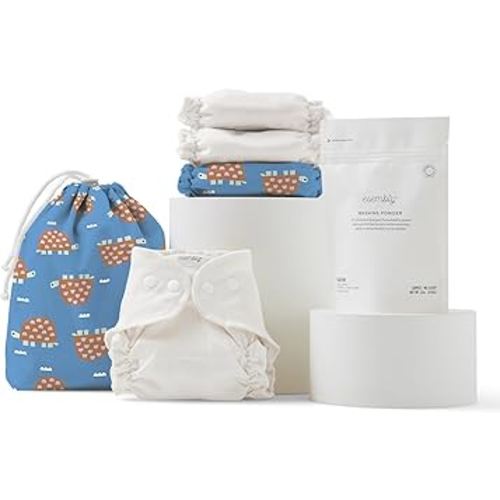 Esembly Try-It Kit - Cloth Diaper Starter Set with Organic Cotton Diapers, Waterproof Diaper Cover, Wet Bag, and Laundry Detergent - Turtle, Size 1 (7-18lbs)