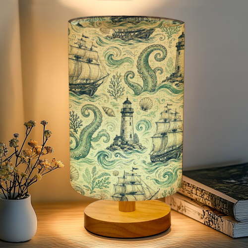 16-Color Dimmable Table Lamp, Blue Deep Sea Toile Sailing Ship Octopus Lighthouse Bedside Nightstand Light with Wood Base Fabric Shade, Gifts for Kids Bedroom Nursery Living Room Office