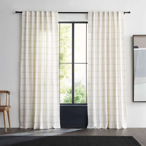 Pampas Ivory & Storm Grey Linen Double Pinstripe Grid Window Curtain Panel 52"x84"