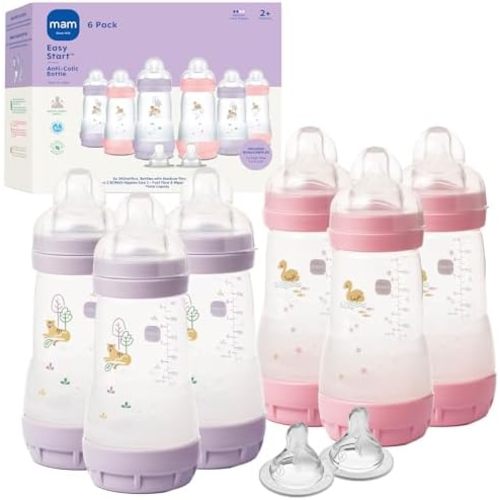 MAM 9oz Easy Start Anti-Colic+ Vented Baby Bottles, 2+ Months, 6 Pack, Girl