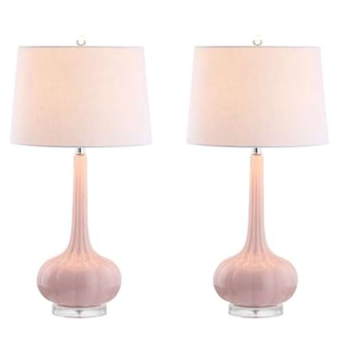 JONATHAN Y Bette Glass Teardrop Contemporary/Transitional 28.5-in Pink Led, Rotary Socket Table Lamp with Linen Shade (Set of 2) JYL1079A-SET2 at Lowes.com