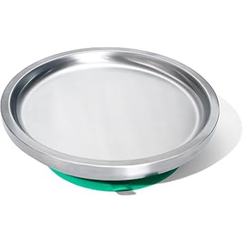 Avanchy Open Baby Plates with Suction – Stainless Steel Divided Plates for Toddlers, BPA-Free, Dishwasher Safe, Unbreakable, Non-Toxic, 100% Silicone Suction – Green