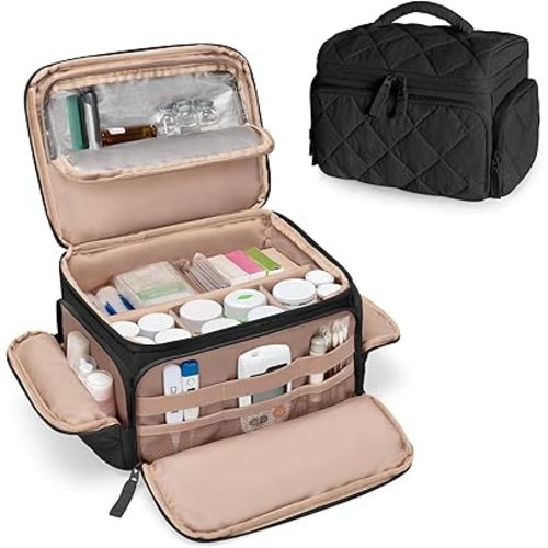 Marscamd Medicine Organizer Bag with Insulated Pocket for Travel, Pill Bottle Storage Case with 4 Customized Dividers for Medication, Insulin and First Aid Supplies, Black (BAG ONLY)