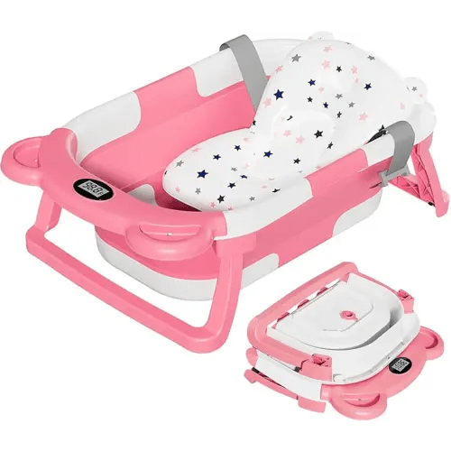 TPN Collapsible Baby Bathtub, Baby Bath Tub with Soft Cushion & Real-Time Thermometer, Baby Bathtub Infant to Toddler Tub (0-36 Months), Portable Travel Baby Tubs for Newborns (Pink)