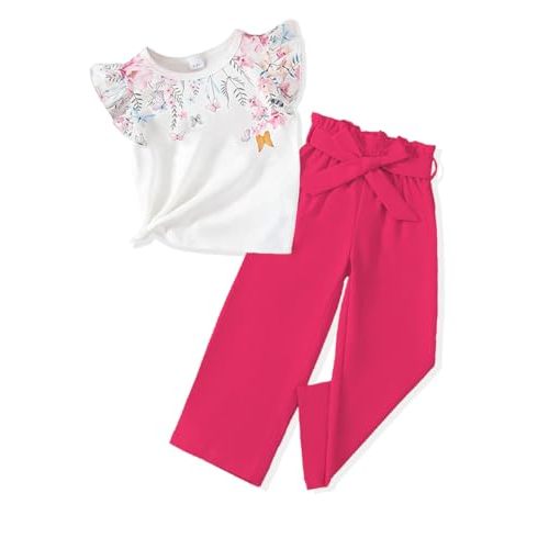 FJLSJSW Toddler Kid Girl Clothes Casual Ruffle Sleeve Floral Printed Top Solid Pants with Belt 3PC Outfit Set