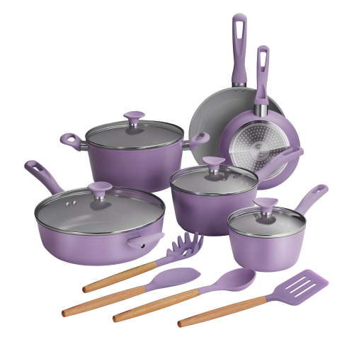 Tramontina Solara 14-Piece Aluminum Ceramic Nonstick Cookware Set with Utensils & Glass Lids, Induction-Ready, Oven & Dishwasher Safe - Purple