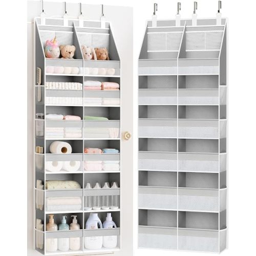 Criusia Over the Door Organizer, Extra Large 12 Compartments Closet Hanging Storage with 14 Mesh Pockets, 85lbs Capacity Behind the Door Storage for Baby Nursery, Bathroom, Bedroom, and Dorm, Grey