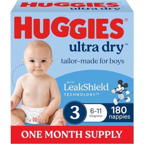 Huggies Ultra Dry Nappies Boys Size 4 (10-15kg) 144 Count - One Month Supply (Packaging May Vary)