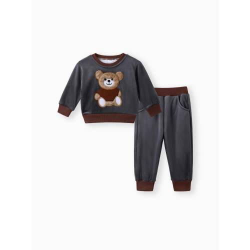 2pcs Baby Boy 95% Cotton Long-sleeve Cartoon Bear Pattern Thickened Fleece Lined Pullover and Trousers Set Grey
