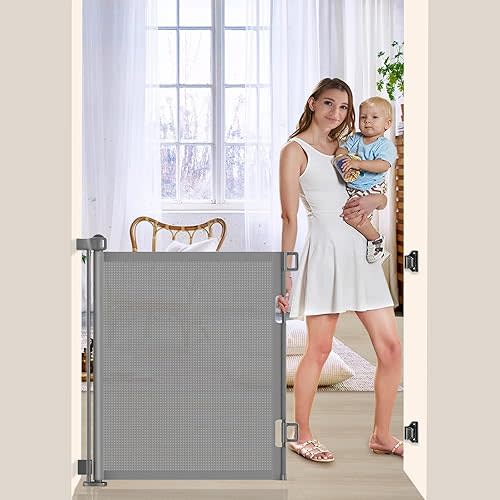 55 inch Retractable Baby Gates, EZIGO Extra Wide Baby Gate for Large Opening Extra Long Mesh Gate for Kids or Pet Dog Gate Child Safety Gate for Stairs Hallways Doorway Indoor Outdoor, Gray