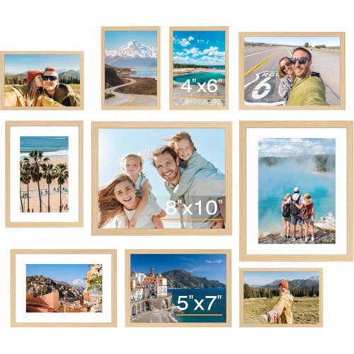 10 Pack Natural Picture Frames Collage Wall Decor for Mounting or Tabletop Display, Gallery Wall Frame Set with Two 8x10 Natural Frames, Four 5x7 and Four 4x6 Frames, Multi-Pack Photo Frame Set