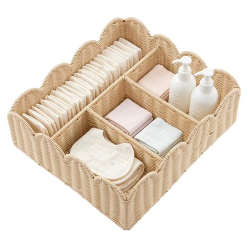 Amazon.com: Diaper Caddy Organizer, Scalloped Changing Table Organizer with 4 Dividers | PP Woven Material, Water Resistant, Lightweight, Weave Breathable, 4 Compartments, Storage Basket, Shower Gift, Easy Clean
