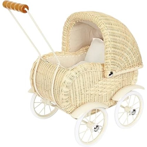 Baby Doll Stroller by Small Foot – Vintage Wicker Rolling Carriage Pram – Classic Doll Buggy – Pretend Play Toy Develops Kids Nurturing, Imaginative & Creative Play – Ages 3+ Years, multicolor