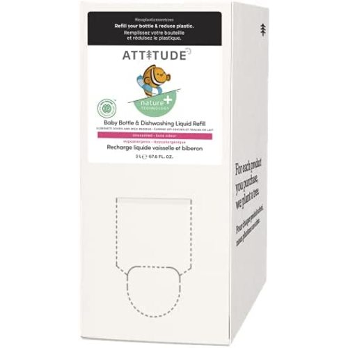 ATTITUDE Dish Soap for Baby, Tough on Milk Residue and Grease on Bottles, Plant- and Mineral-Based Formula, Vegan and Cruelty-free, Unscented, Unscented, 67.6 Fl Oz