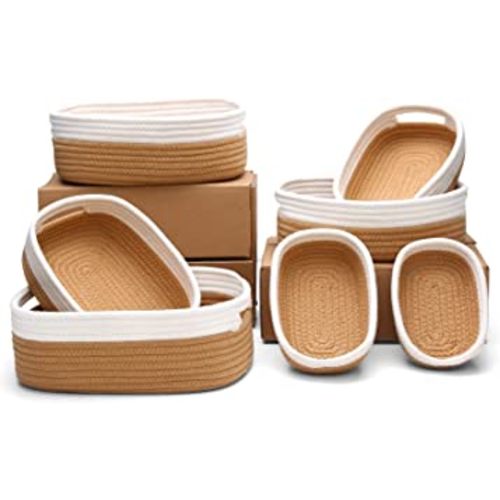 7 Piece Cotton Rope Woven Basket Set - Small Basket for Baby Nursery, Pets, Montessori, Dog & Cat Toy Boxes, Bathroom Organization Bins (White/Jute)