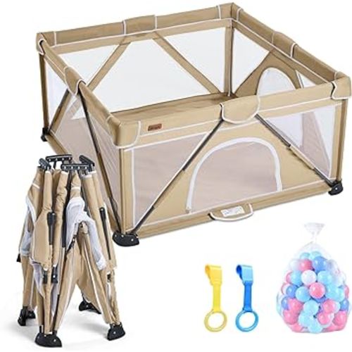 Baby Playpen Foldable, Playard for Babies and Toddlers, Portable Playpen Activity Center with 50 Balls+2 Handles for Travel, Indoor & Outdoor Play Pen with Mesh 50''x50''(Yellow)